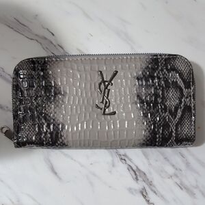 Yves Saint Laurent Black and Gray Snakeskin-Embossed Zip Wallet
